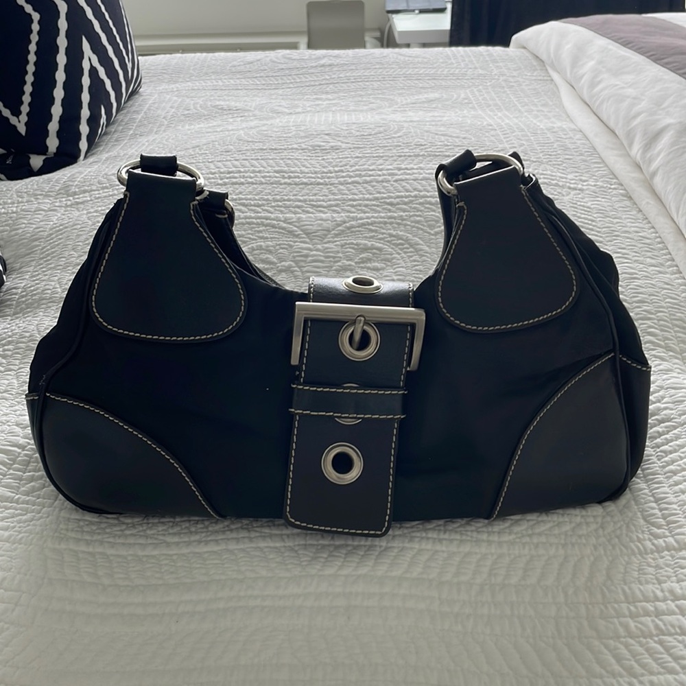 Style: BR0811 Tessuto Moon - Nero Black Leather and Nylon Shoulder Bag